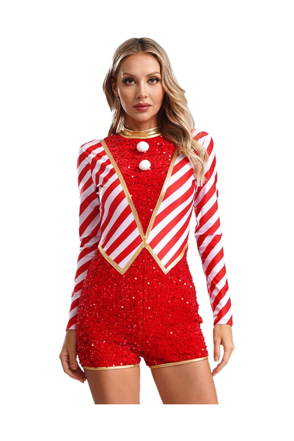 Women Christmas Candy Cane Clothes Sequins Striped Ballet Dance Leotard Unitards Xmas Party Jumpsuit Red S