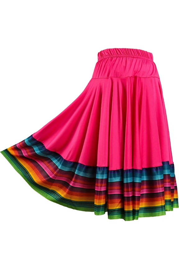 Women Folklorico Dance Skirts Spanish Swing Skirt Mexican Flamenco Folk Dance Performance Hot Pink 55cm XL