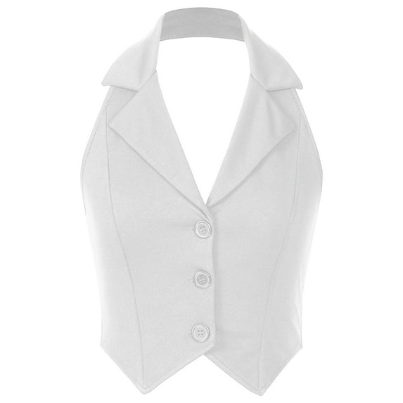 TSSOE Women Halter Neck Notch Lapel Vest Backless Button Up Crop Tops Waistcoat White XXL