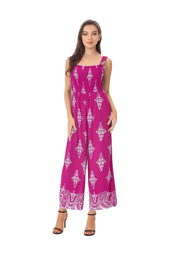 Women Loose Fit Sleeveless Jumpsuits Summer Overalls Flower Printed Boho Rompers Wide Leg Hot Pink M