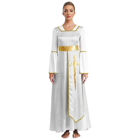 TSSOE Women Metallic Cross Praise Dance Dress Worship Dancewear Ruffle Overlay Maxi Dress White L