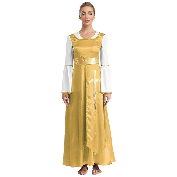 TSSOE Women Metallic Cross Praise Dance Dress Worship Dancewear Ruffle Overlay Maxi Dress Yellow 3XL