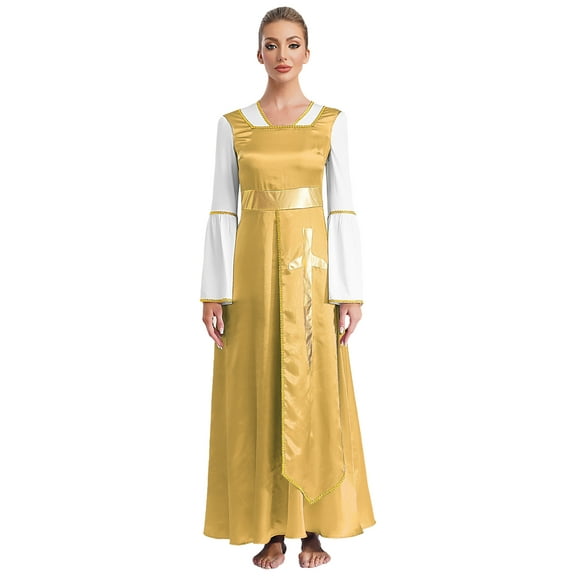 TSSOE Women Metallic Cross Praise Dance Dress Worship Dancewear Ruffle Overlay Maxi Dress Yellow 4XL