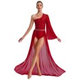 thumbnail image 1 of TSSOE Women Shiny Lyrical Dance Dress One Shoulder Flared Sleeve Flowy Split Dress Modern Dancewear Burgundy XL, 1 of 7