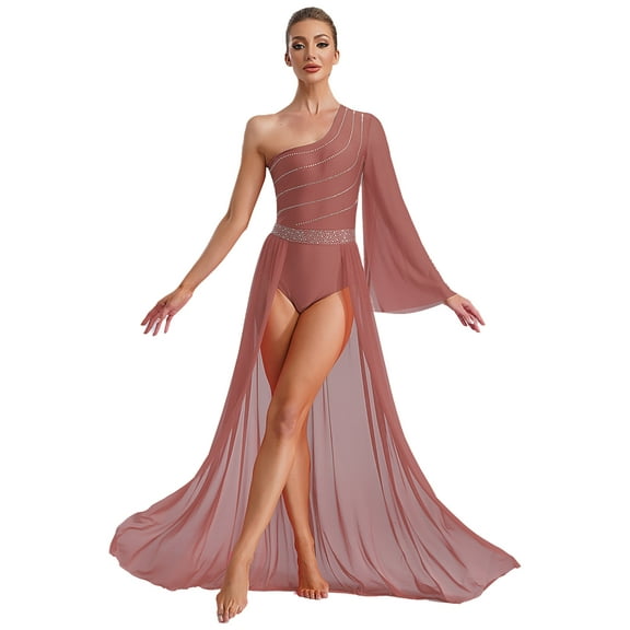 TSSOE Women Shiny Lyrical Dance Dress One Shoulder Flared Sleeve Flowy Split Dress Modern Dancewear Dusty Pink XL