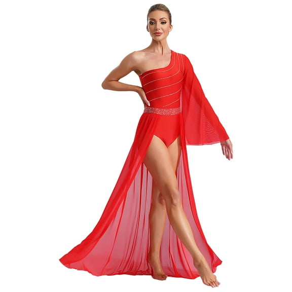 TSSOE Women Shiny Lyrical Dance Dress One Shoulder Flared Sleeve Flowy Split Dress Modern Dancewear Red S