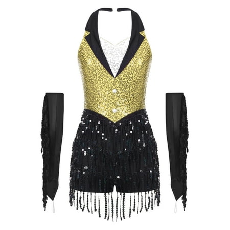 TSSOE Women Sparkly Jazz Prom Latin Dance Leotard Halter Backless Tuxedo Bodysuit with Metallic Gloves Yellow L