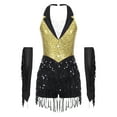 thumbnail image 1 of TSSOE Women Sparkly Jazz Prom Latin Dance Leotard Halter Backless Tuxedo Bodysuit with Metallic Gloves Yellow S, 1 of 7