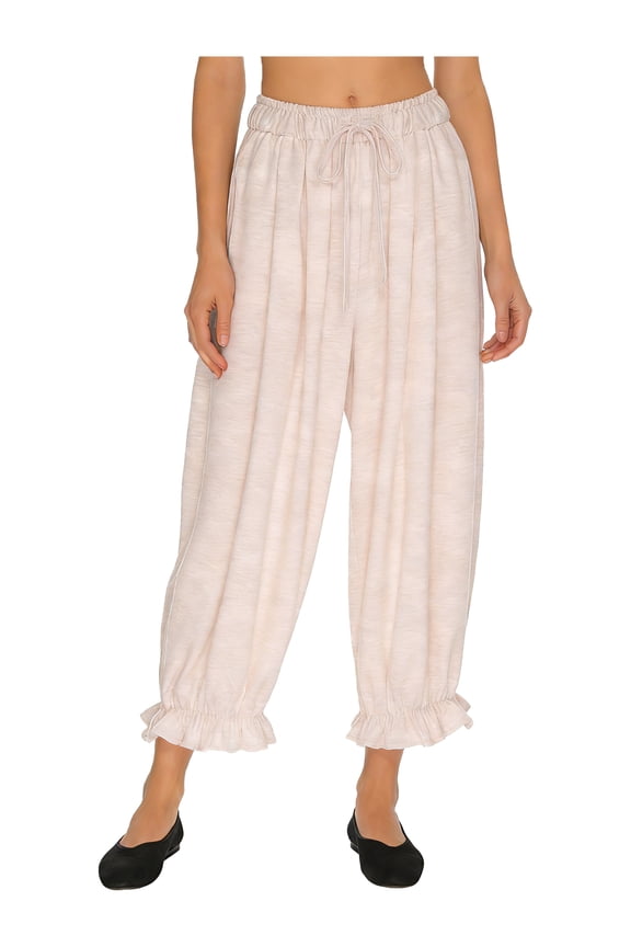 Women Wide Leg Long Bloomers Pants Ruffle Elastic Waist Loose Fit Trousers Suitable for Office & Parties White S