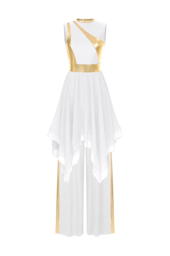 Women Worship Praise Dance Dress Metallic Sleeveless Dress Wide Leg Pants Set White S