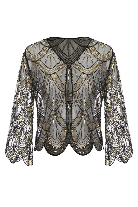 Women's 1920s Shawl Wrap Bolero Shrug Roaring 20's Sequined Cape Fringed Flapper Dress Cover up Gold One Size