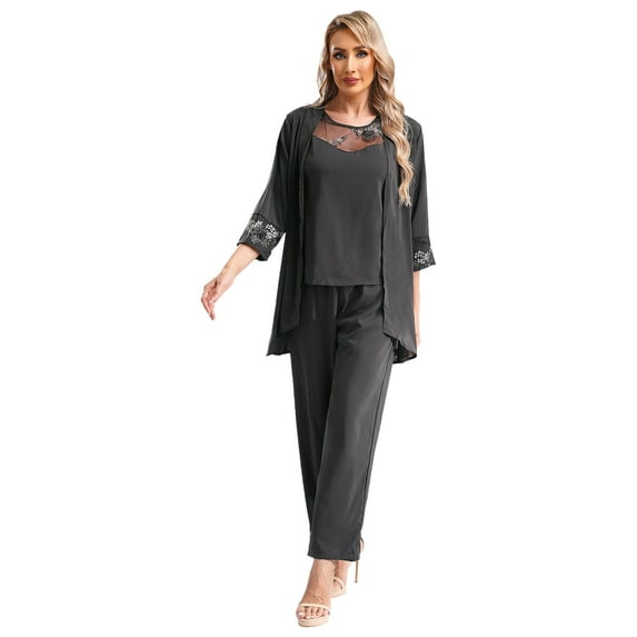 TSSOE Women's 3 Pieces Dress Suit Chiffon Plus Size Mother of The Bride Pants Suit Wedding Guest Gray 4XL