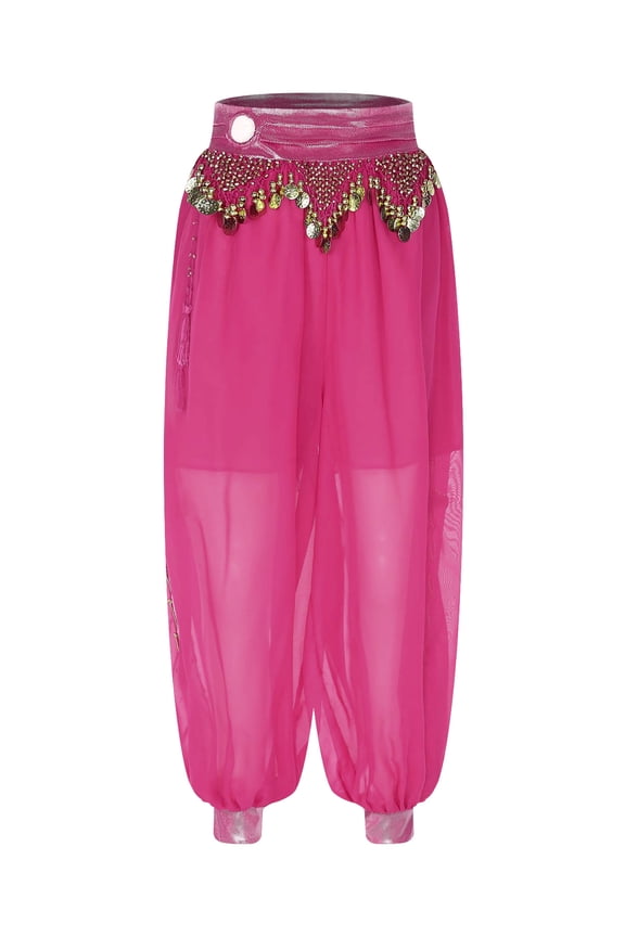 Women's Belly Dance Pants Halloween Carnival Costume Indian Dance Harem Pants Baggy Arabic Hot Pink One Size