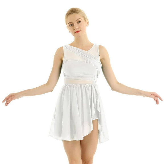 TSSOE Women’s Chiffon Lyrical Contemporary Dance Dress V-neck High Low Ballet Dance Leotard Costume White XS