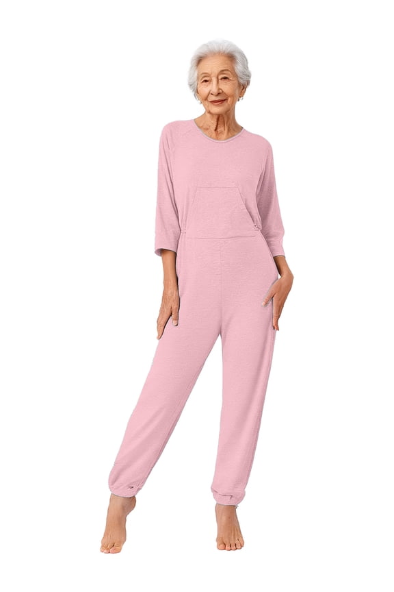 Women's Dementia Clothing Alzheimers Elderly Anti-strip Jumpsuit Long Sleeve Nursing Rompers Pink XXL