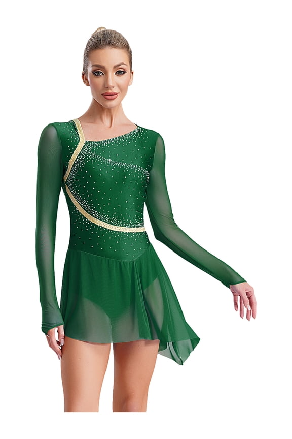 Women's Figure Ice Skating Dance Dress Long Sleeve Roller Skating Dance Lyrical Ballet Dance Dress Green L