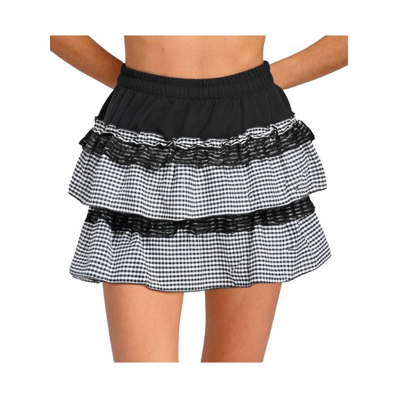 TSSOE Women's Lace Tiered Ruffle Mini Skirt A Line Flared Elegant Short Cake Skirts Party Clubwear Black L/4