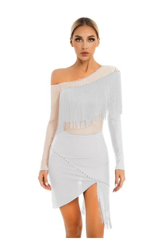 Women's Latin Dance Dress Oblique Shoulder Fringed Irregular Hem Rumba Samba Ballroom Dancewear White M