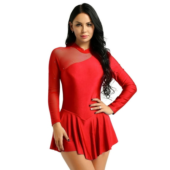 TSSOE Women's Long Sleeve Mesh Skirt Figure Skating Dress Built In Briefs Ballet Dace Wrap Skirt Red M