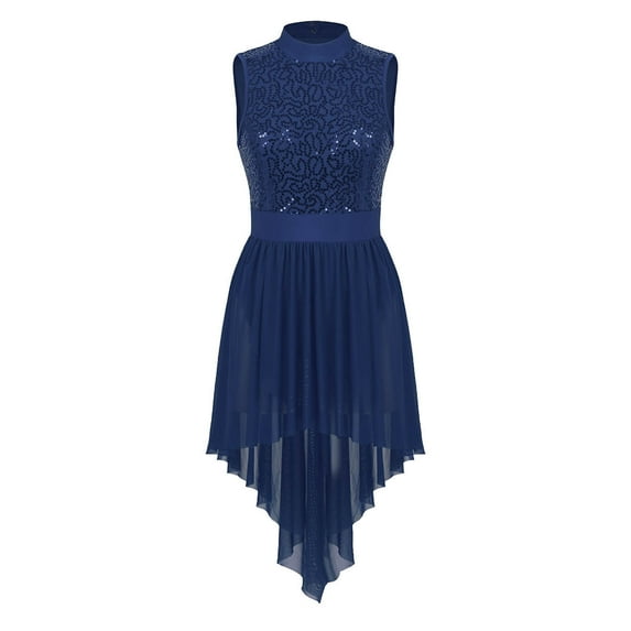 TSSOE Women's Lyrical Dance Costume Sleeveless Open Back Sequins Leotard Mesh Tulle Overlay Dress Navy_Blue XL