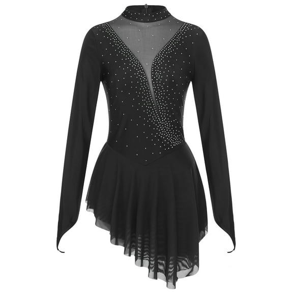 TSSOE Women's Lyrical Dance Dress Ballet Dance Leotard Dress Shiny Long Sleeve Figure Ice Skating Black S