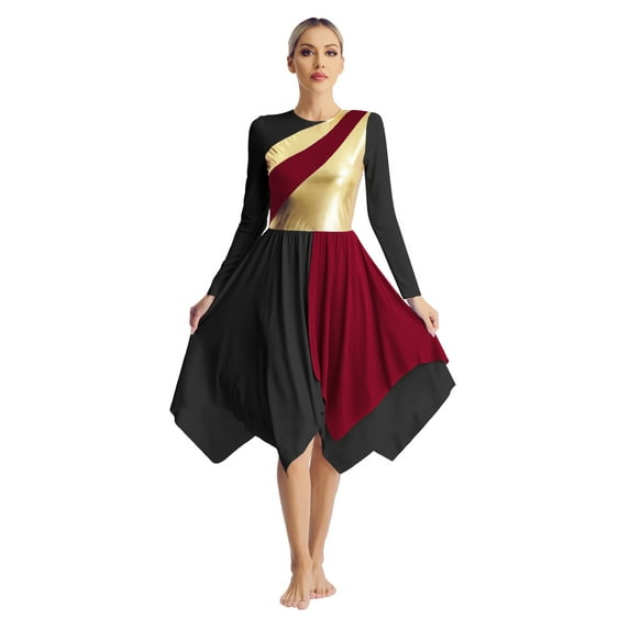 TSSOE Women's Metallic Color Block Contemporary Praise Dance Dress Irregular Hem Worship Praisewear Burgundy&Black M