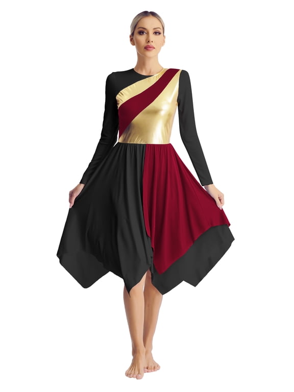 Women's Metallic Color Block Contemporary Praise Dance Dress Irregular Hem Worship Praisewear Burgundy&Black XXL