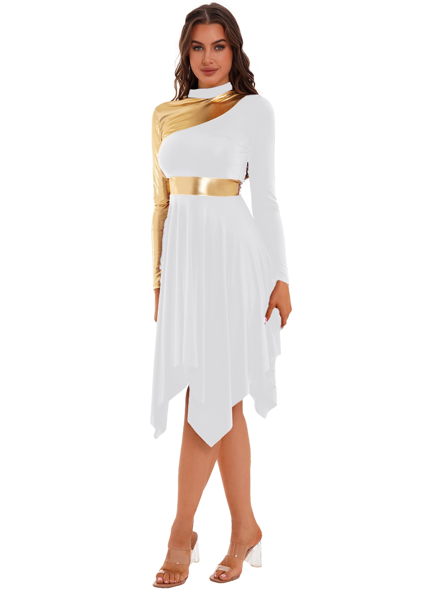 white and gold praise dance dress Women's Praise Dance Dress Irregular Gold Metallic Long Sleeve Liturgical Worship Church Lyrical Dance Costume