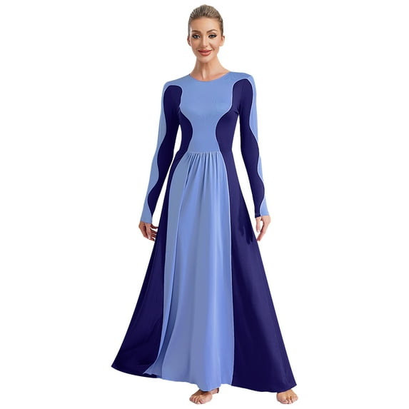 TSSOE Women's Round Neck Long Sleeve Worship Praise Lyrical Dance Dress Choir Maxi Robe Dress Blue XXL