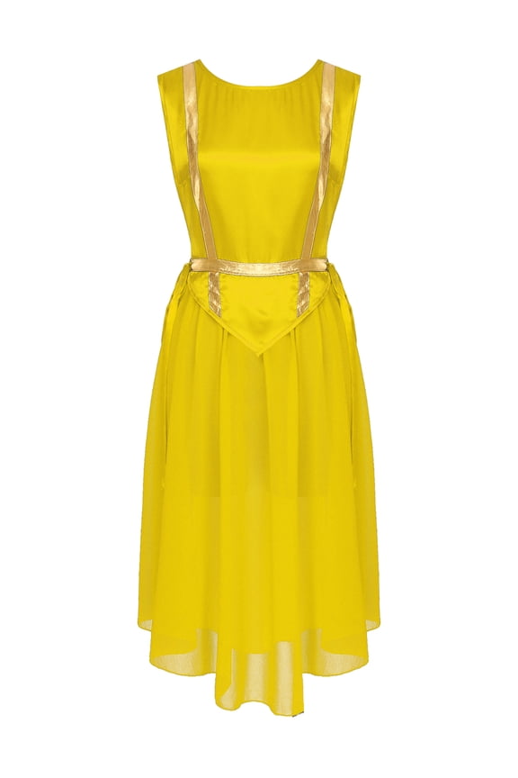 Women's Round Neck Sleeveless Praise Dance Tunic Lace Up Side Split Worship Overlay Tops Yellow XL