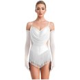 thumbnail image 1 of TSSOE Women's Ruched Latin Dance Outfit Tassel Samba Rumba Salsa Jazz Dance Bodysuit Top with Gloves Ivory XL, 1 of 7
