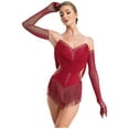 thumbnail image 1 of TSSOE Women's Ruched Latin Dance Outfit Tassel Samba Rumba Salsa Jazz Dance Bodysuit Top with Gloves Red XXL, 1 of 7