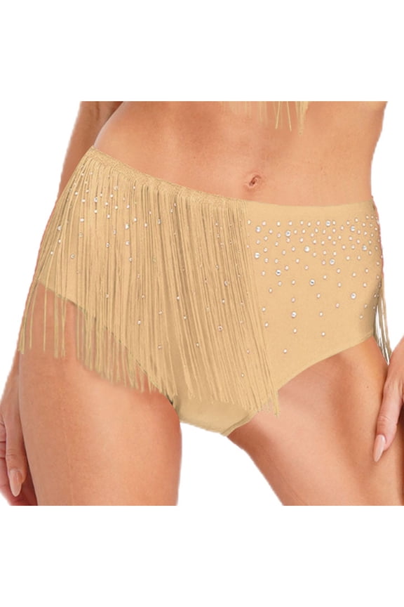 Women's Shiny Rhinestone Lyrical Ballet Dance Skirted Briefs Fringe Dance Bottoms Shorts Nude L