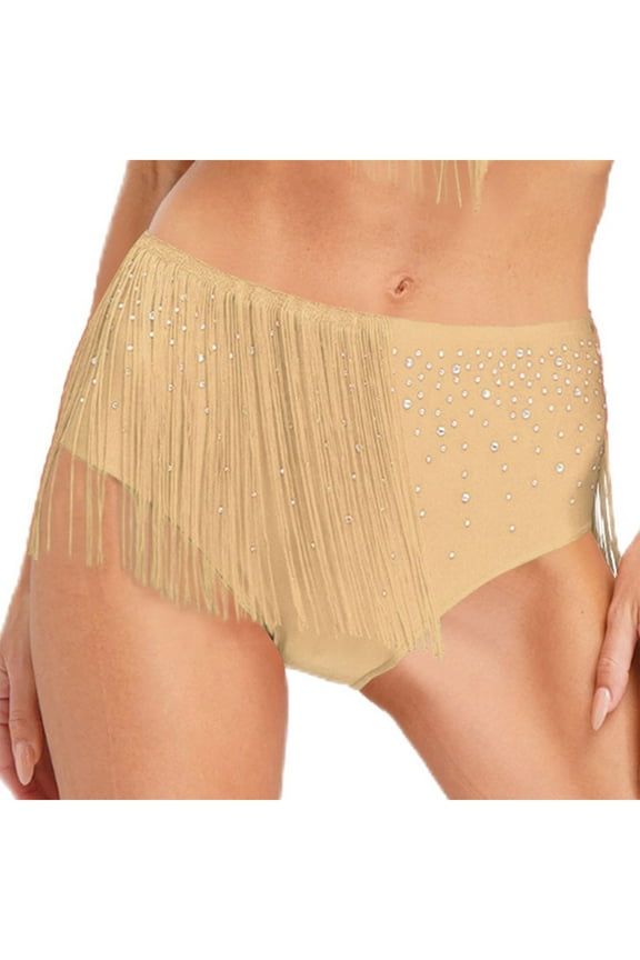 Women's Shiny Rhinestone Lyrical Ballet Dance Skirted Briefs Fringe Dance Bottoms Shorts Nude S