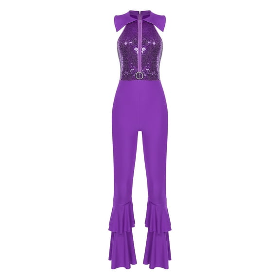 TSSOE Women's Shiny Sequins Collar Zipper Tiered Bell-Bottom Bodysuit Lady Disco Retro Jumpsuit Dance Bodysuit Purple XL
