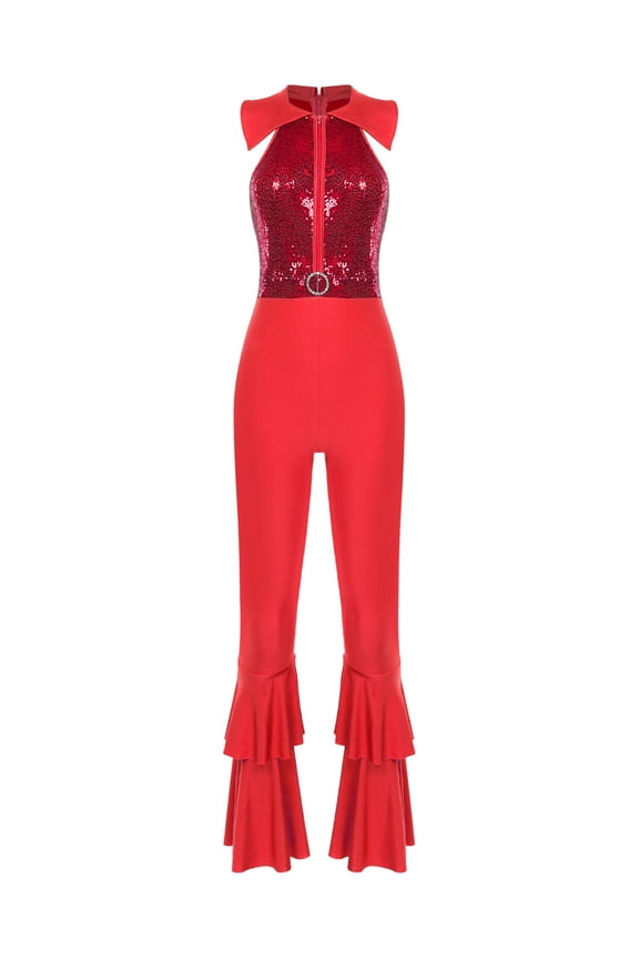 Women's Shiny Sequins Collar Zipper Tiered Bell-Bottom Bodysuit Lady Disco Retro Jumpsuit Dance Bodysuit Red M