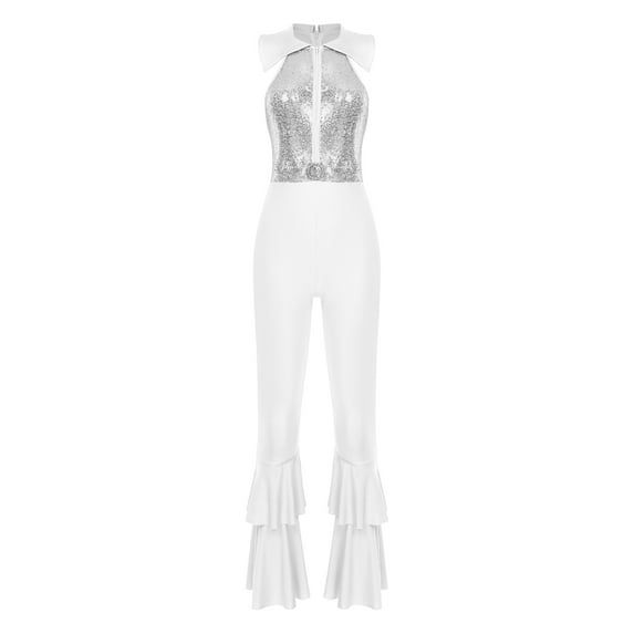 TSSOE Women's Shiny Sequins Collar Zipper Tiered Bell-Bottom Bodysuit Lady Disco Retro Jumpsuit Dance Bodysuit Silver 4XL