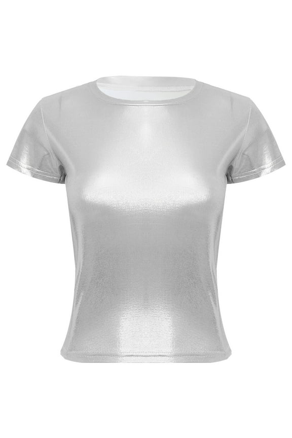 Women's Shiny Tops Holographic Metallic Shirts Sparkles Round Neck Short Sleeve Blouse Silver M