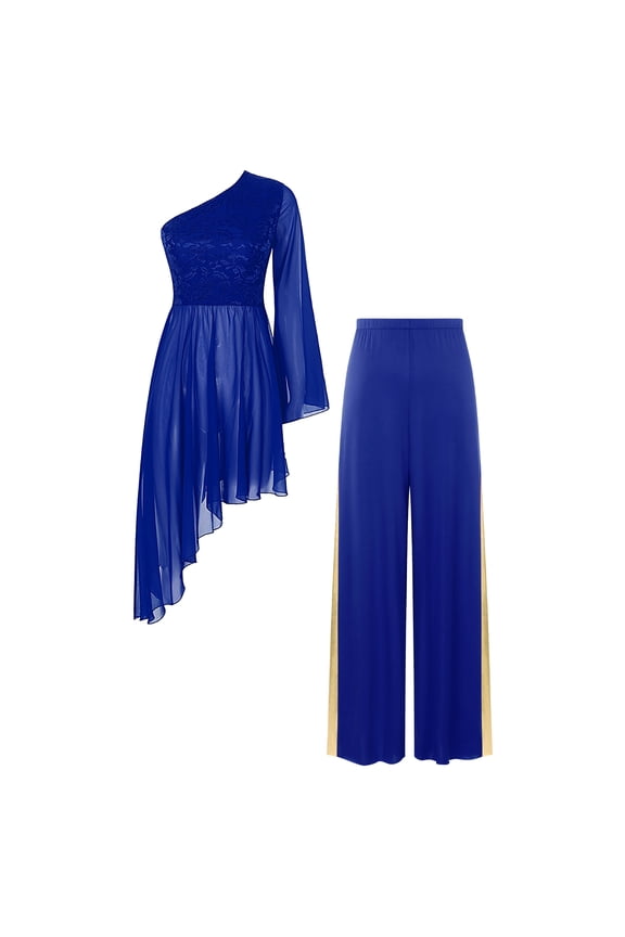 Women's Worship Praise Dance Tunic One Shoulder Irregular Liturgical Overlay Top With Wide Leg Pants Royal Blue L