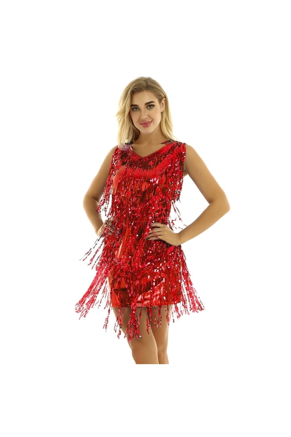 Womens 1920s Sequins Tassel Latin Dance Flapper Dress Tango Fringed Dress Ballroom Sparkly Red M
