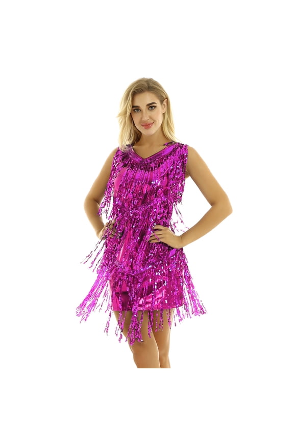 Womens 1920s Sequins Tassel Latin Dance Flapper Dress Tango Fringed Dress Ballroom Sparkly Rose L