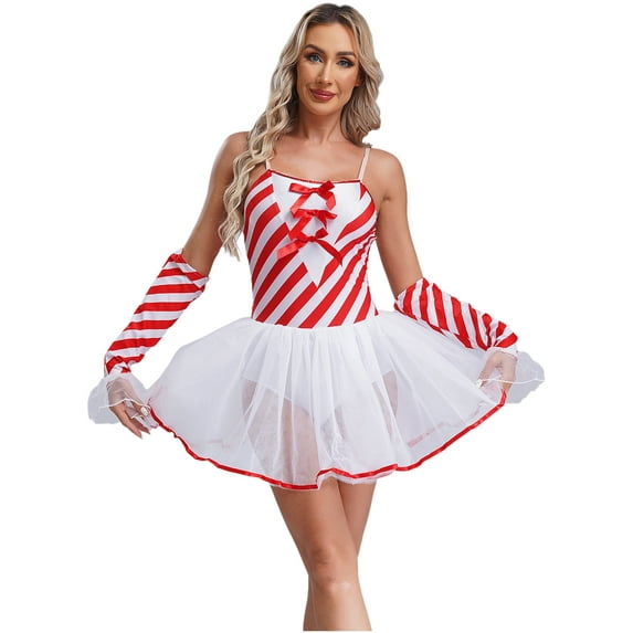 TSSOE Womens Christmas Candy Cane Leotard Dance Dress with Gloves Xmas Striped Tulle Tutu Dress Red 4XL