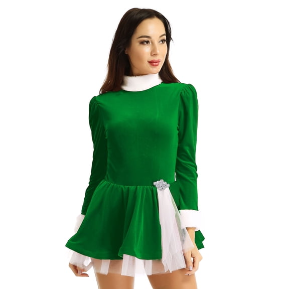 TSSOE Womens Christmas Santa Claus Costume Velvet Figure Ice Skating Ballet Dance Leotard Dress Green X-Large