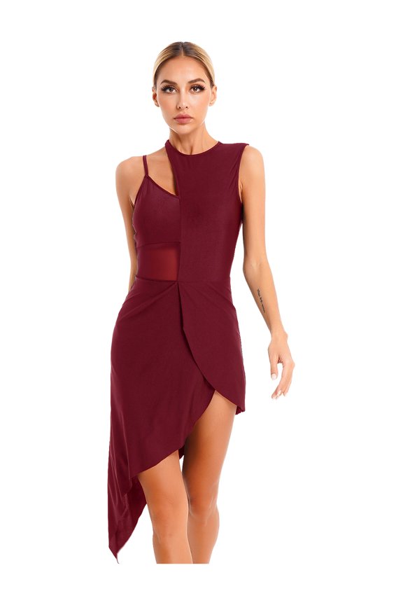 Womens Latin Salsa Dance Dress Sheer Mesh Patchwork Sleeveless Asymmetrical Hem Dress Dancewear Burgundy XL