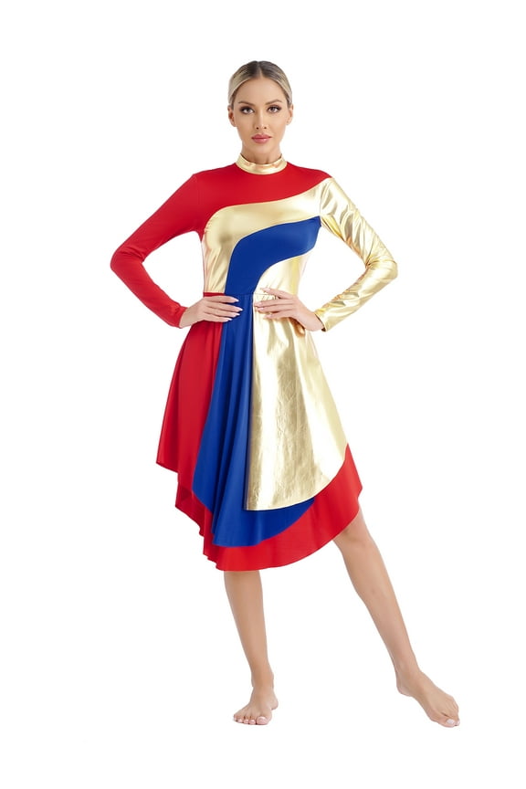 Womens Lyrical Dance Dress Long Sleeve High-low Hem Metallic Praise Dance Dress Worship Tunic Red L