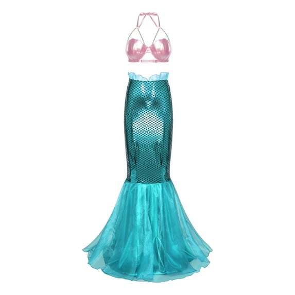 TSSOE Womens Mermaid Clothes Shell Cup Bra Fish Scale Metallic Shiny Maxi Skirt Theme Party Outfit Type G S