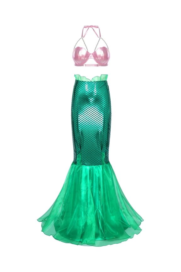 Womens Mermaid Clothes Shell Cup Bra Fish Scale Metallic Shiny Maxi Skirt Theme Party Outfit Type H M