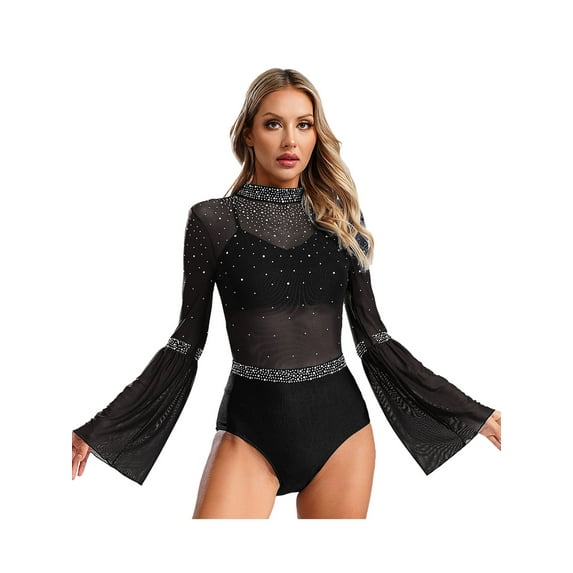 TSSOE Womens Mesh Flare Sleeve Bodysuit Mock Neck Sheer Leotard Gymnastics Figure Skating Dancewear Black XXL