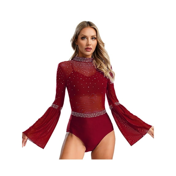 TSSOE Womens Mesh Flare Sleeve Bodysuit Mock Neck Sheer Leotard Gymnastics Figure Skating Dancewear Burgundy M