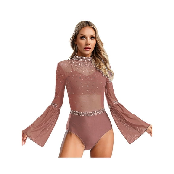 TSSOE Womens Mesh Flare Sleeve Bodysuit Mock Neck Sheer Leotard Gymnastics Figure Skating Dancewear Dusty Pink S